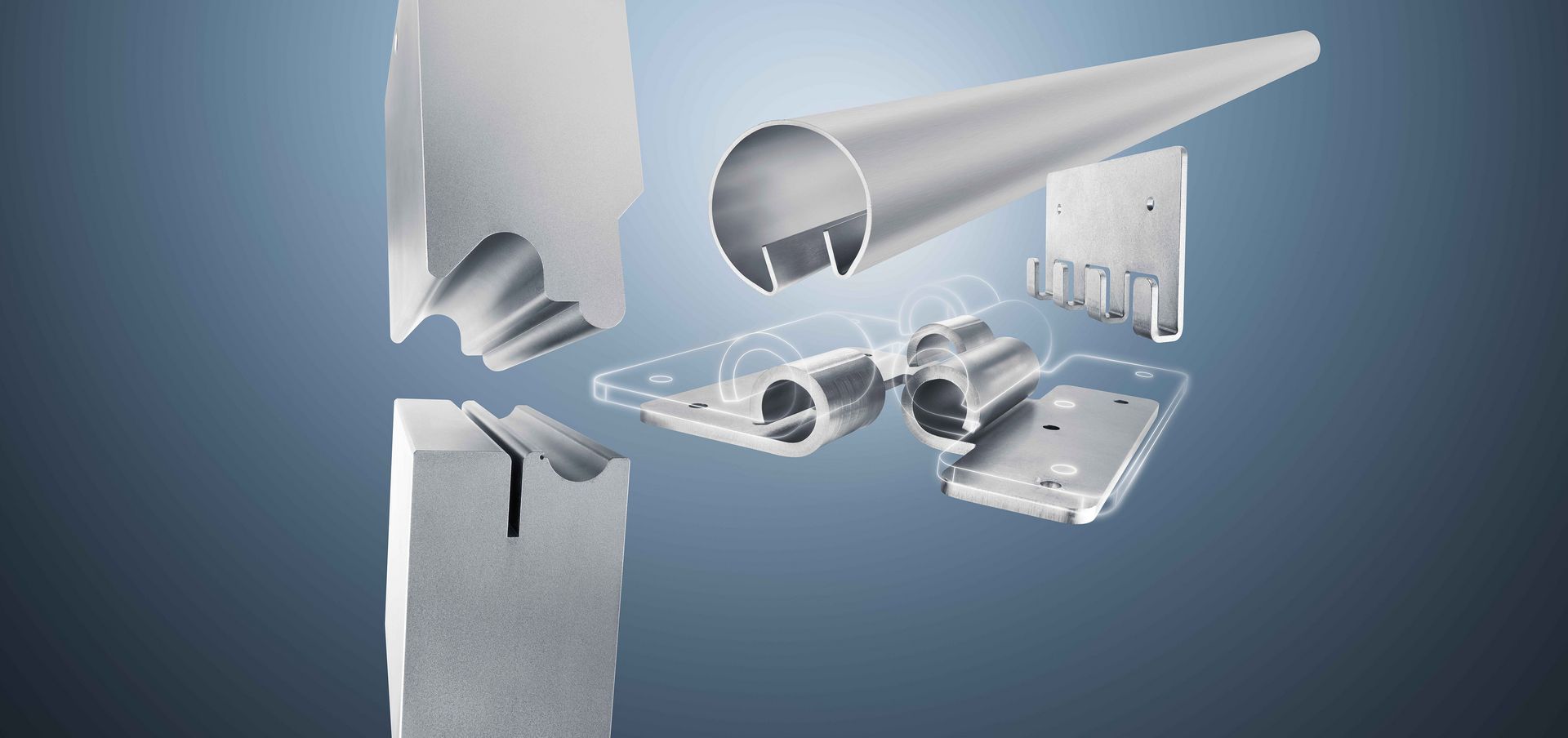 3D representation of metal bending dies and tools for sheet metal processing against a blue-green background